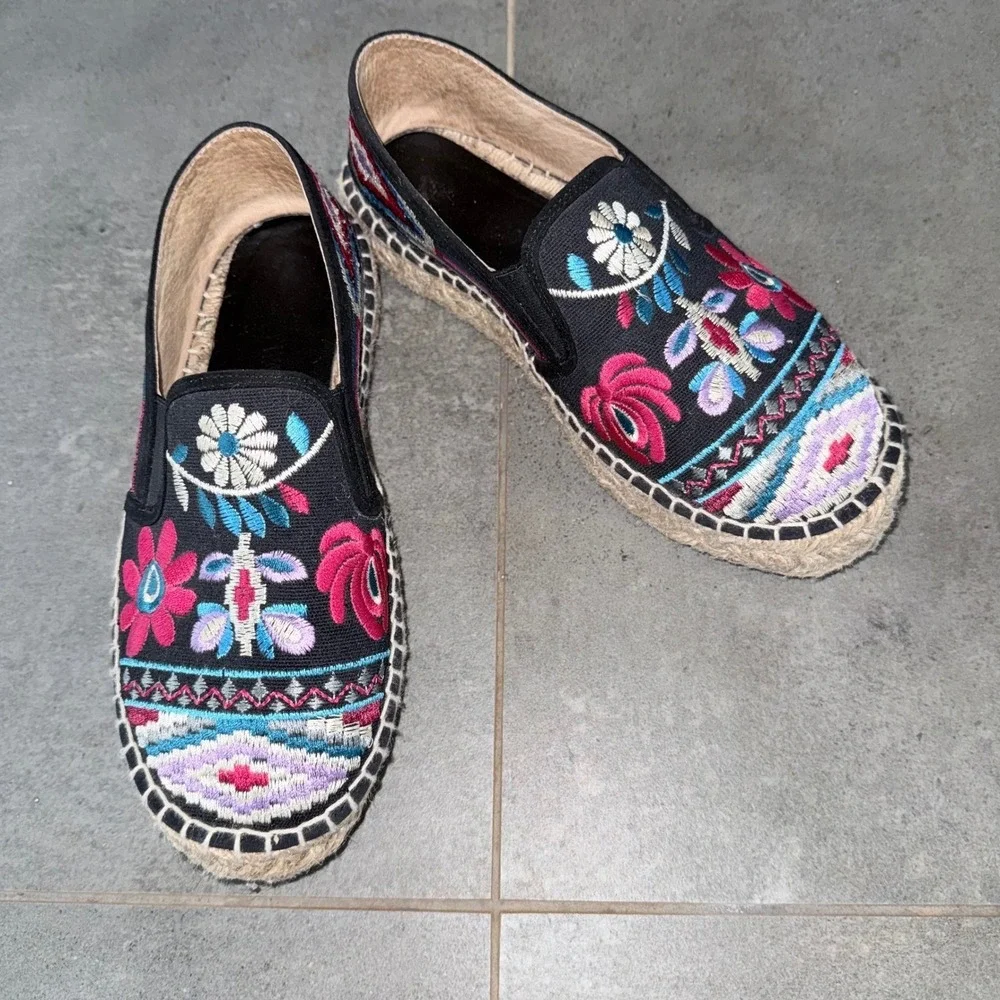 Johnny Was‎ Embroidered Espadrille Slip On Shoes Womens 39 Black Floral